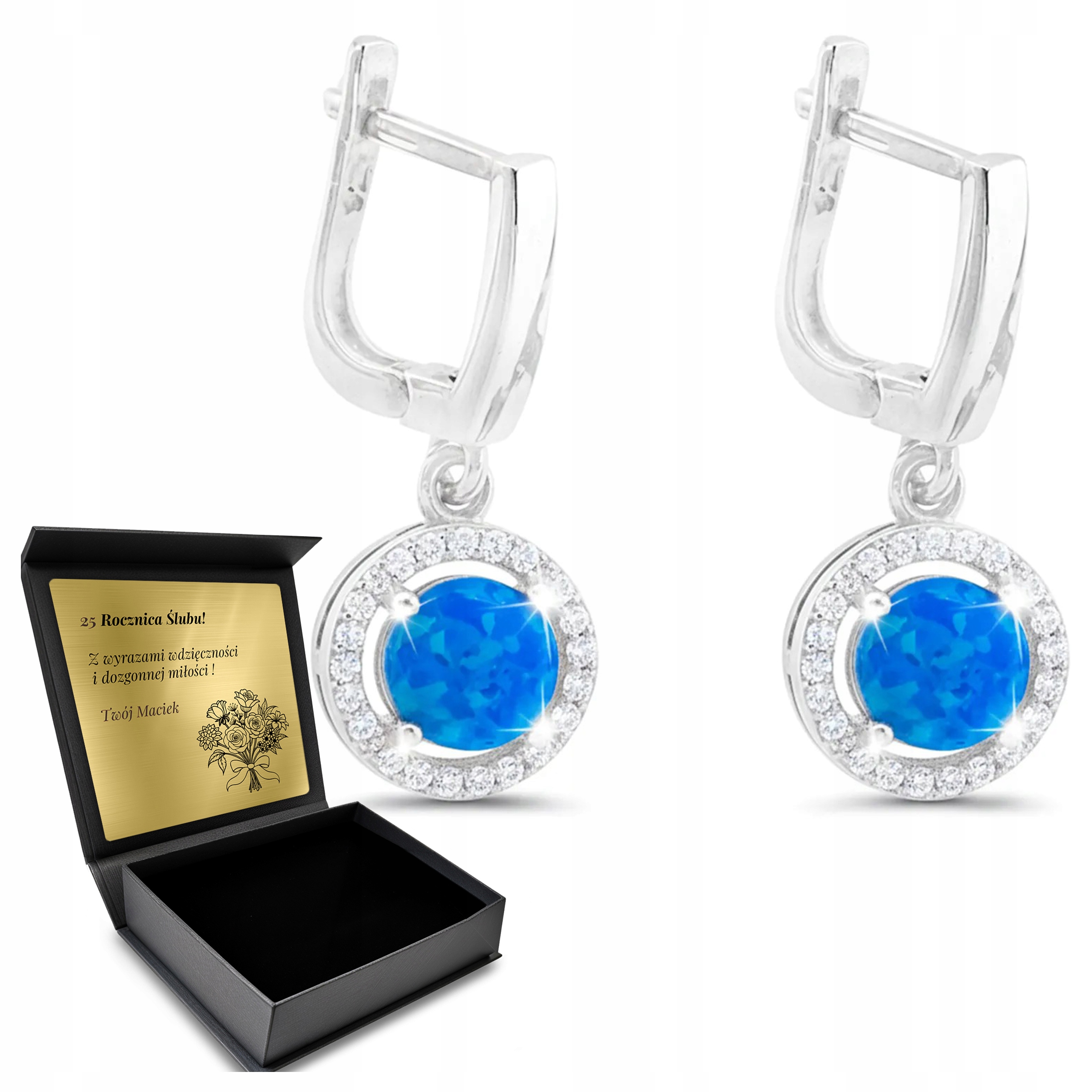 Stříbrné Náušnice 925 Zirkony Opal Dárek pro ženu Gravírování Bonus