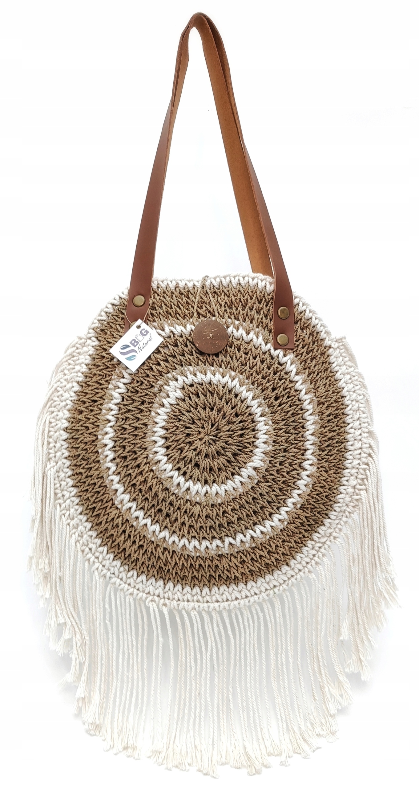 Dámská kulatá pletená kabelka s košíkem tráva a střapci, veganská