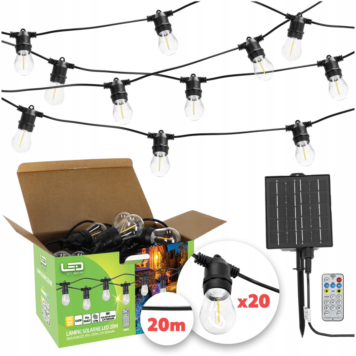 Solární zahradní girlanda Solární lampy 20x Led žárovka na balkon 10 m