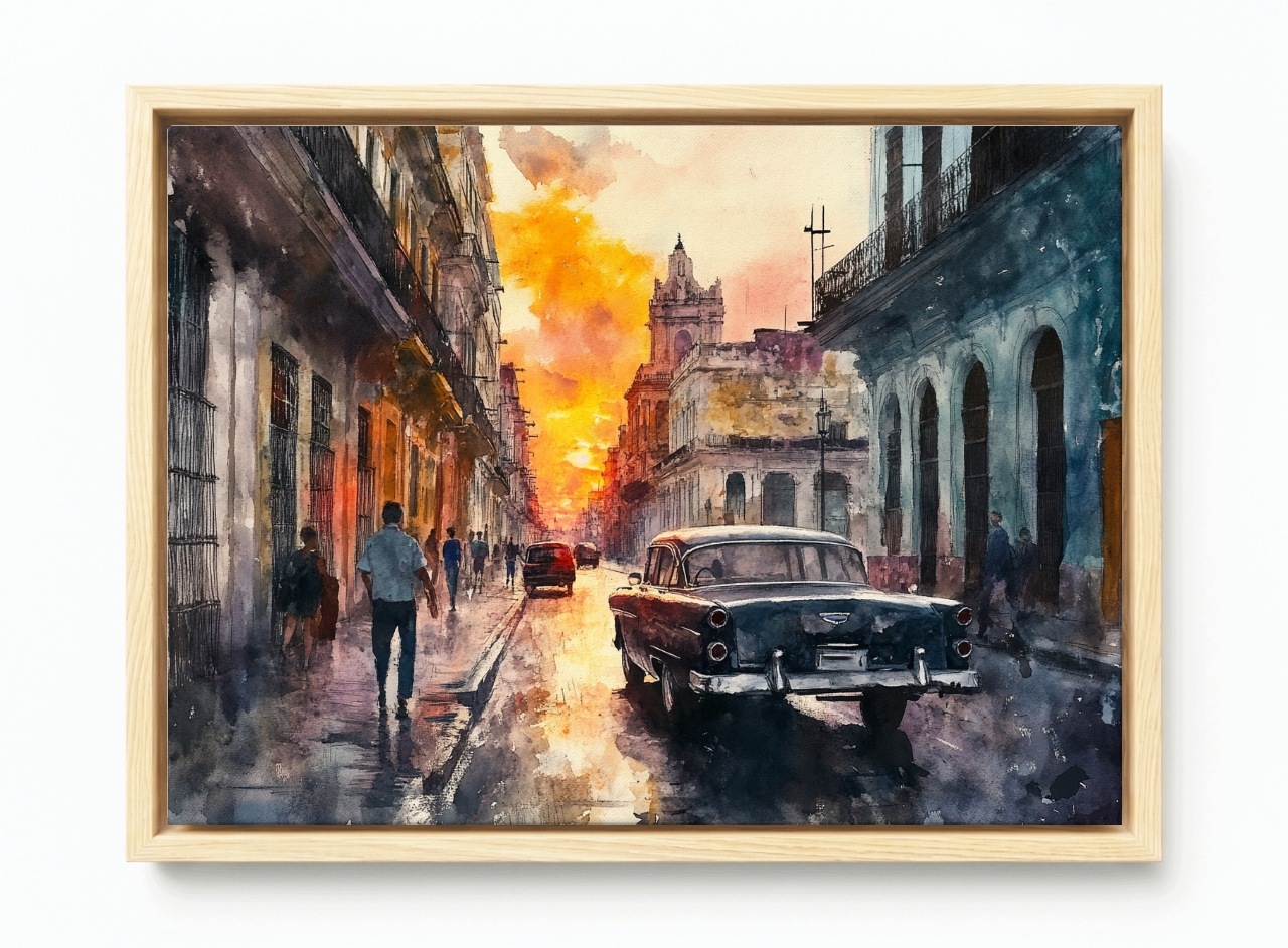Obraz Rám Americký Box Havana Kuba Západ Slunce Auto Akvarel 60x40