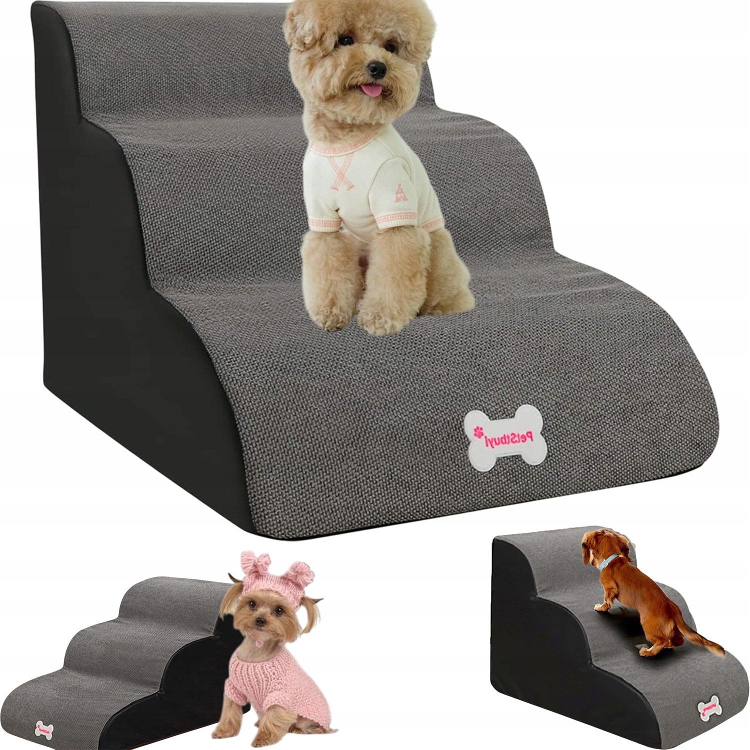 Levně Schody Pro Psa K Pohovce, Pěna Hd, Odnímatelný Potah Na Praní, Šedá Barva