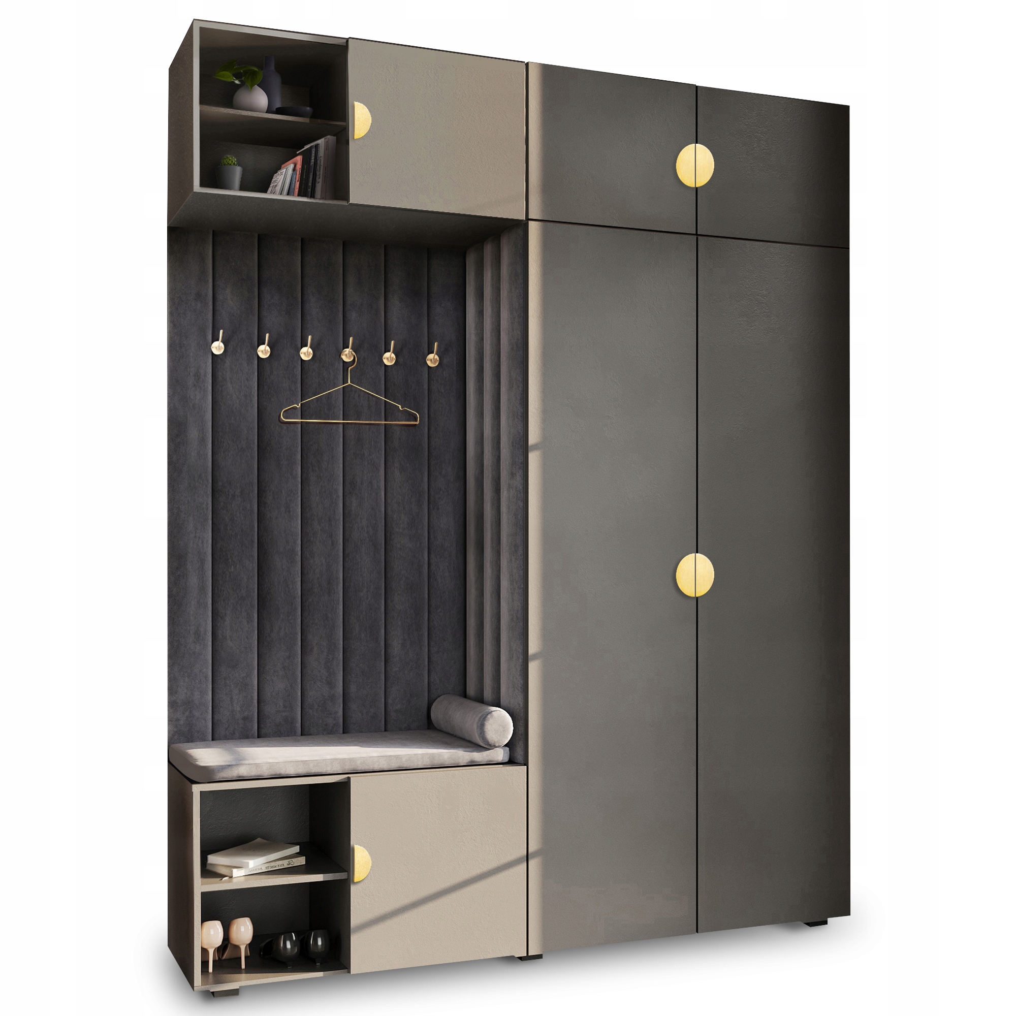 Šatní Skříň Do Předsíně Se Sedákem, Šedá, Půlkruhová, Zlatá 84