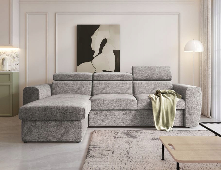 Šedý rohová sedací souprava s funkcí spaní Napoli na vlnitých pružinách.