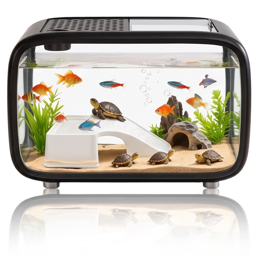 Turtle Tank s průhledným oknem pro snadné krmení v kabinetu