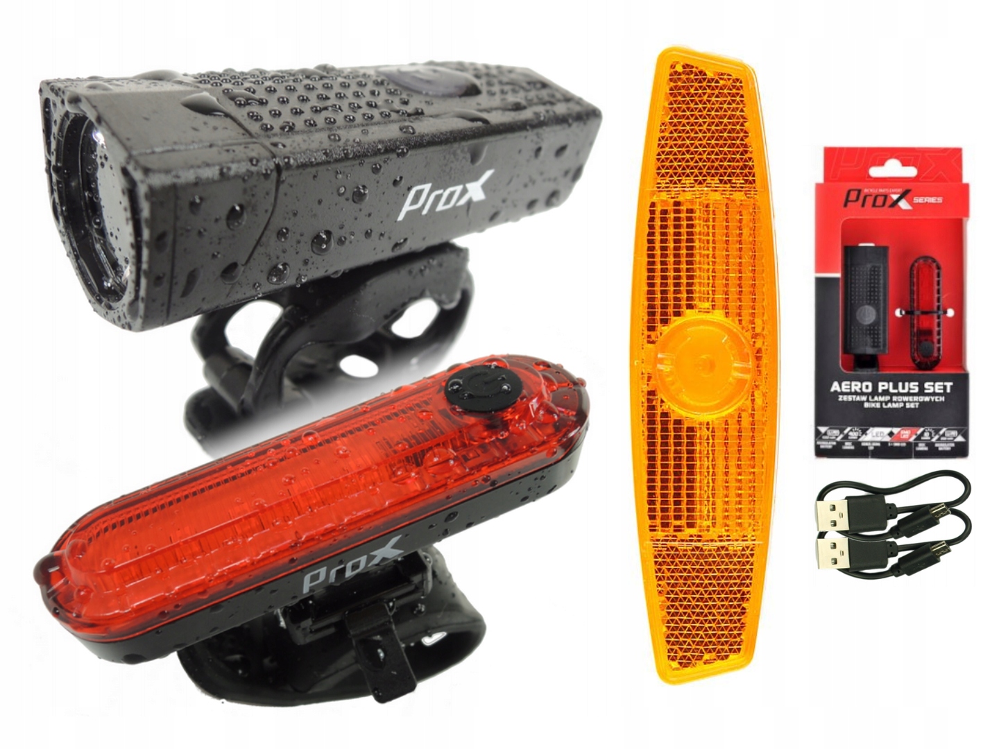 Lampy rowerowe USB zestaw Prox Aero Plus przód tył + odblask w komplecie