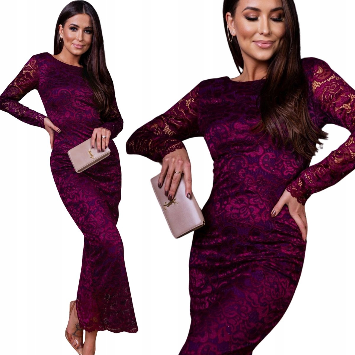 Dlouhé krajkové večerní šaty s odhalenými zády Moon 789 vínová S