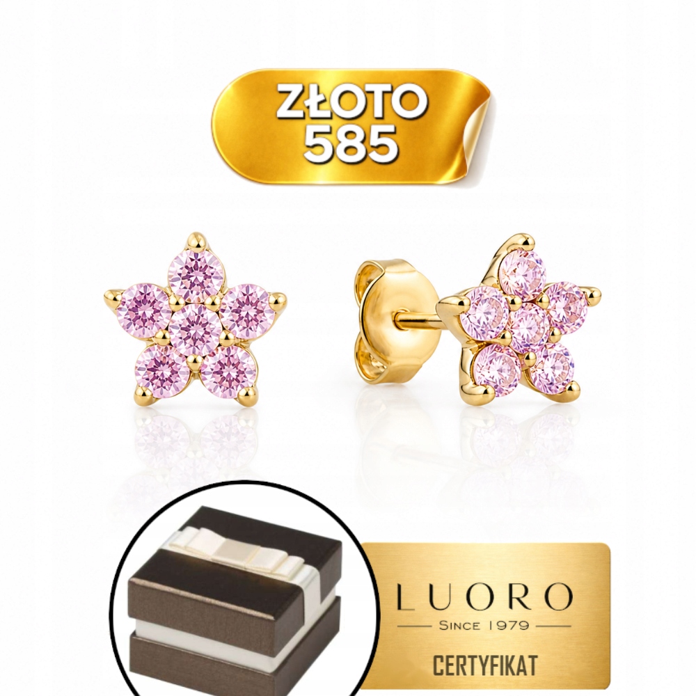 Náušnice Zlaté 585 14K Květinka S Růžovou Zirkonií 4 MM Tyčinka Dárek