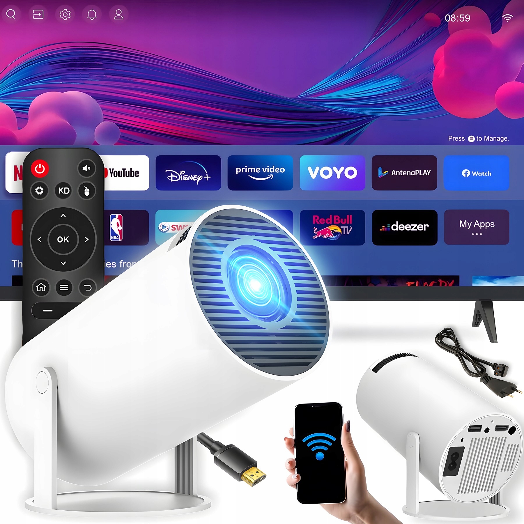 Projektor Android Tv Wifi Full Hd Přenosný Smart Otočný Reproduktor