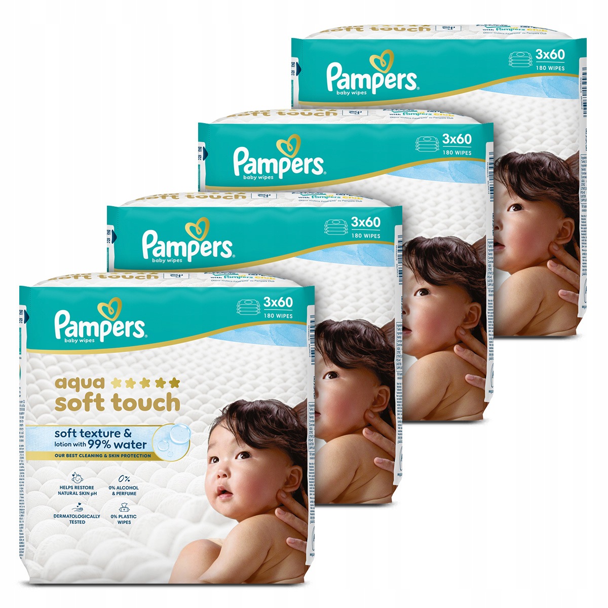 Zestaw Pampers Aqua Soft Touch Chusteczki Nawilżane Dla Dzieci, 180 szt x4