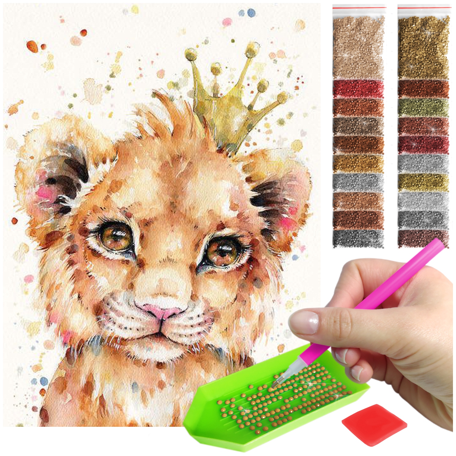 Haft diamentowy tatuaże mozaika diamond painting 5D lew kot korona król