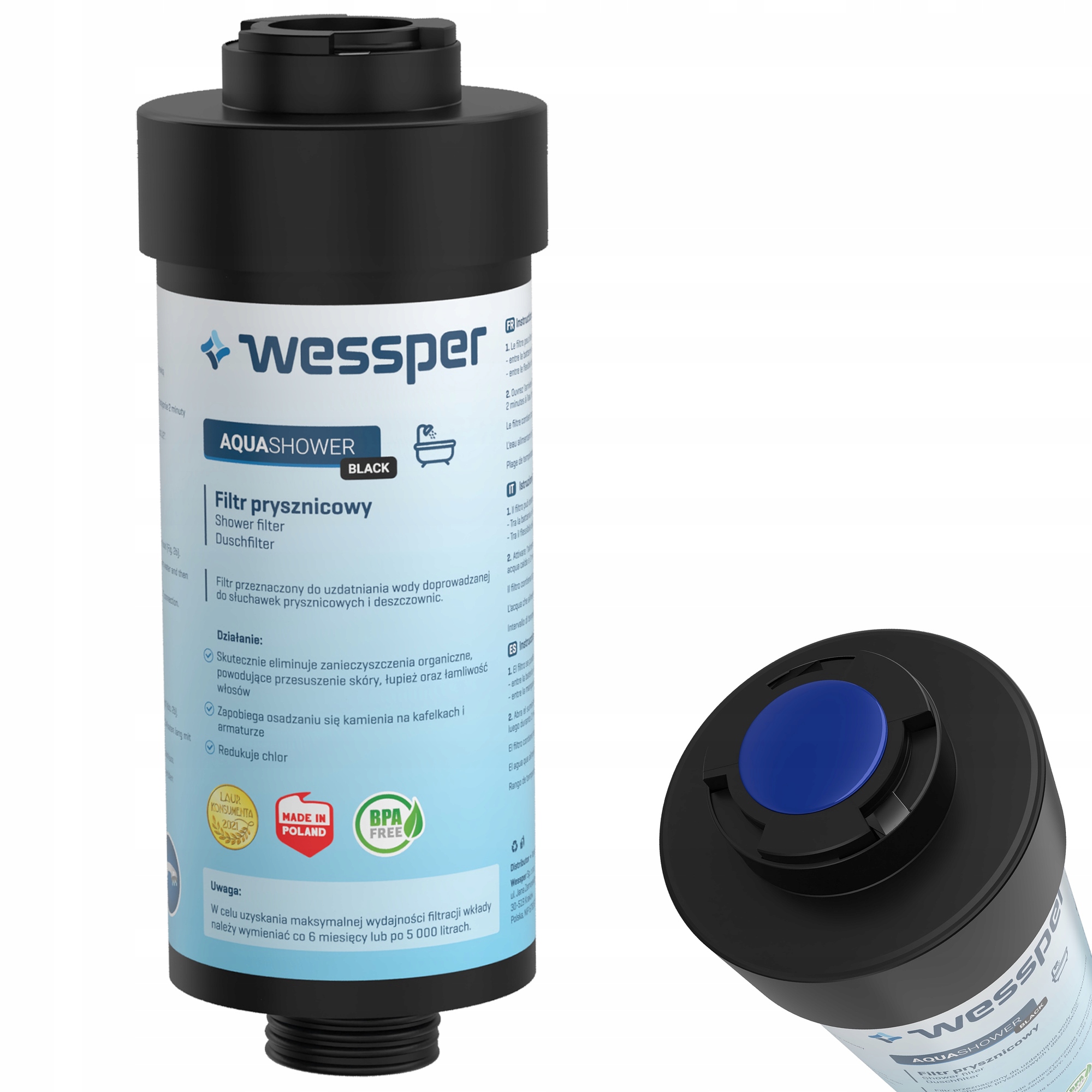 Filtr do wody prysznicowy zmiękcza wodę Wessper Aqua Black czarny KDF