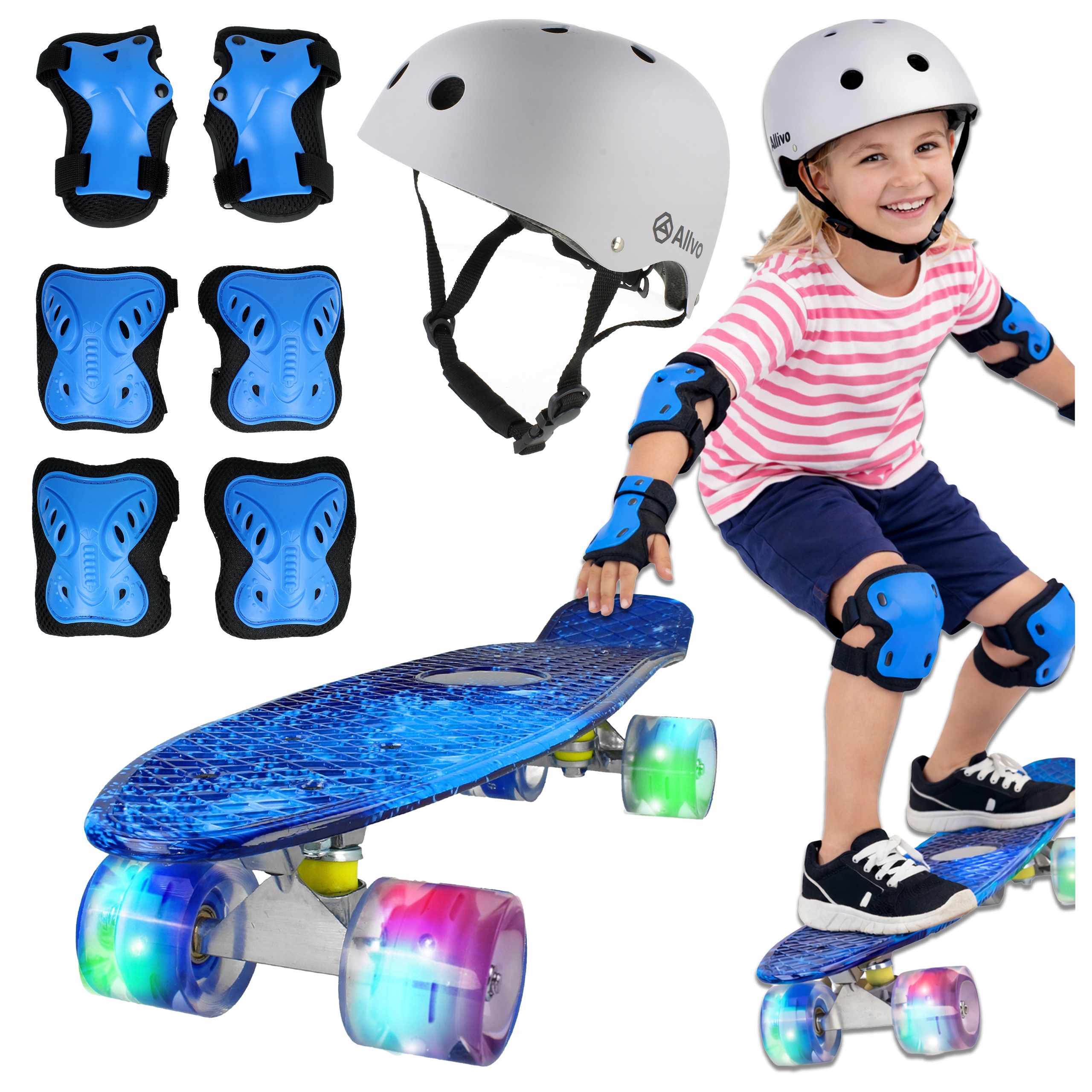 Zestaw 3W1 Deskorolka Fiszka Koła Led ABEC-7 Kask 58CM Ochraniacze M