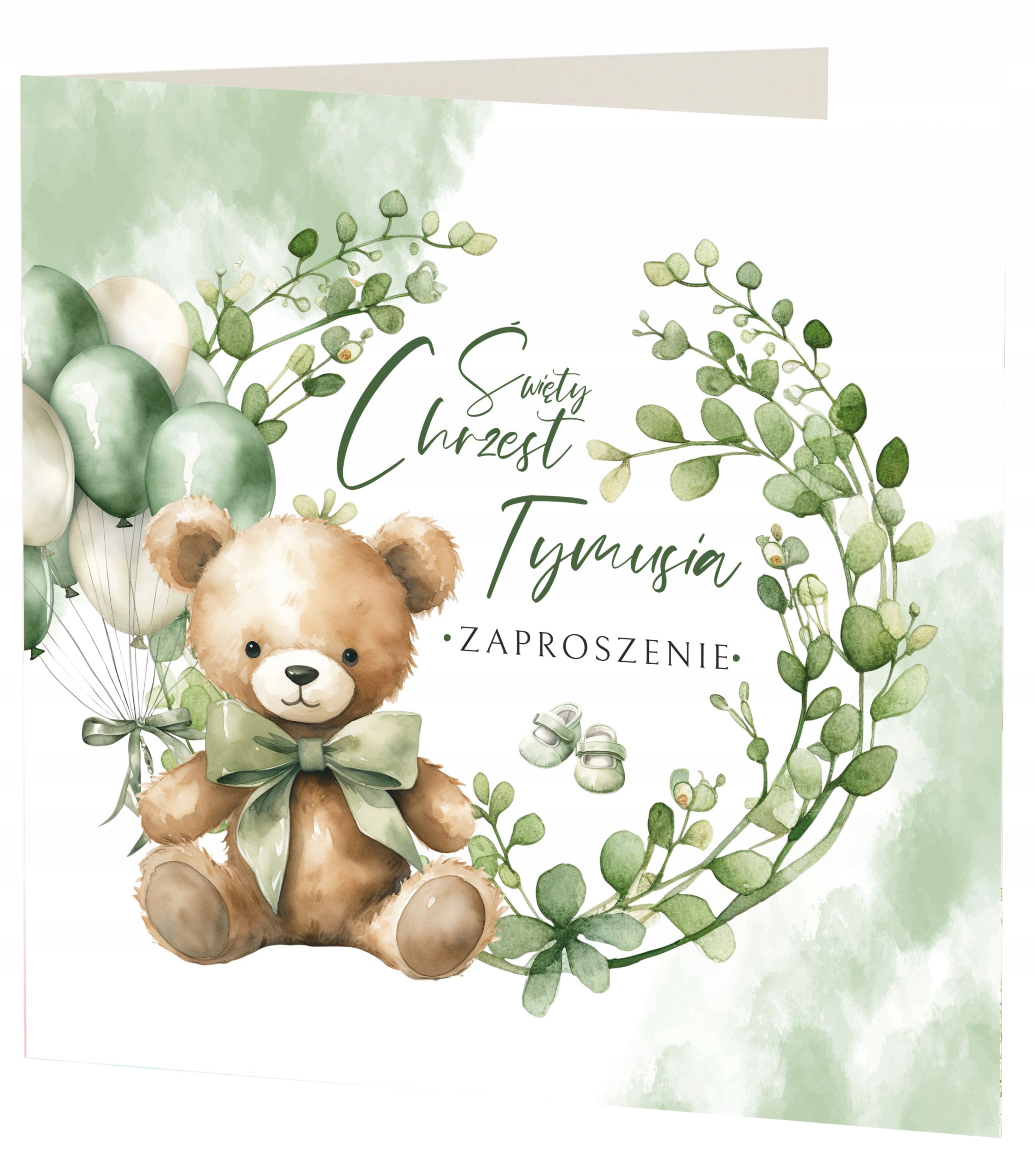 Zaproszenia na Chrzest Święty z kopertą + Imię Dziecka = Miś z Balonem Stan opakowania oryginalne