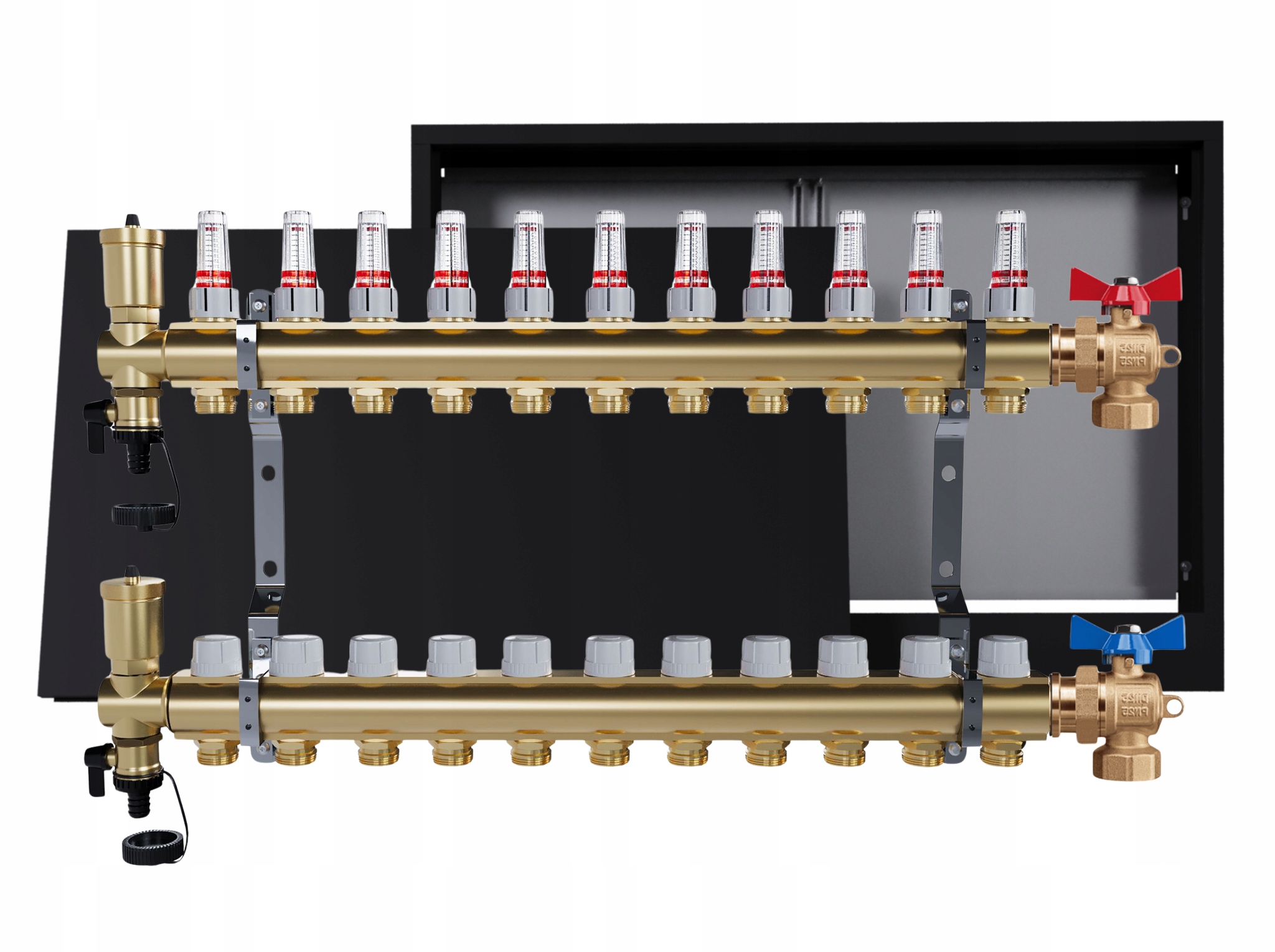 Rozdělovač mosazný podlahový 11 okruhů nástěnná skříňka černá ventily