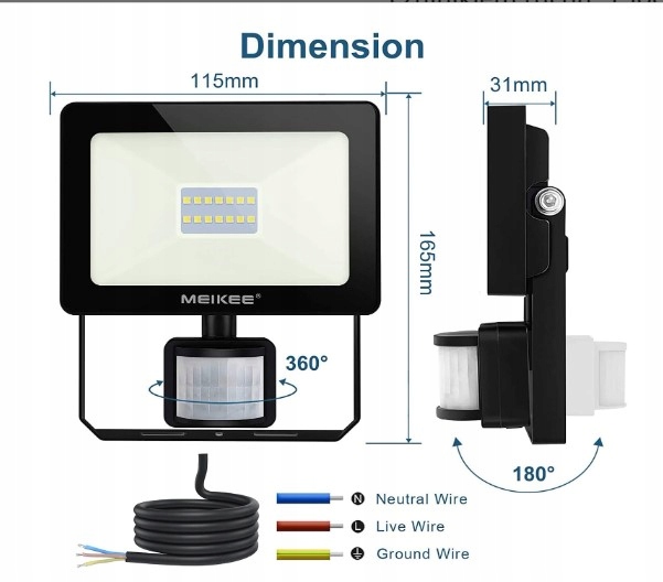 Meikee Reflektor z czujnikiem ruchu10W 1000lm 2szt Temperatura barwowa 5000 K