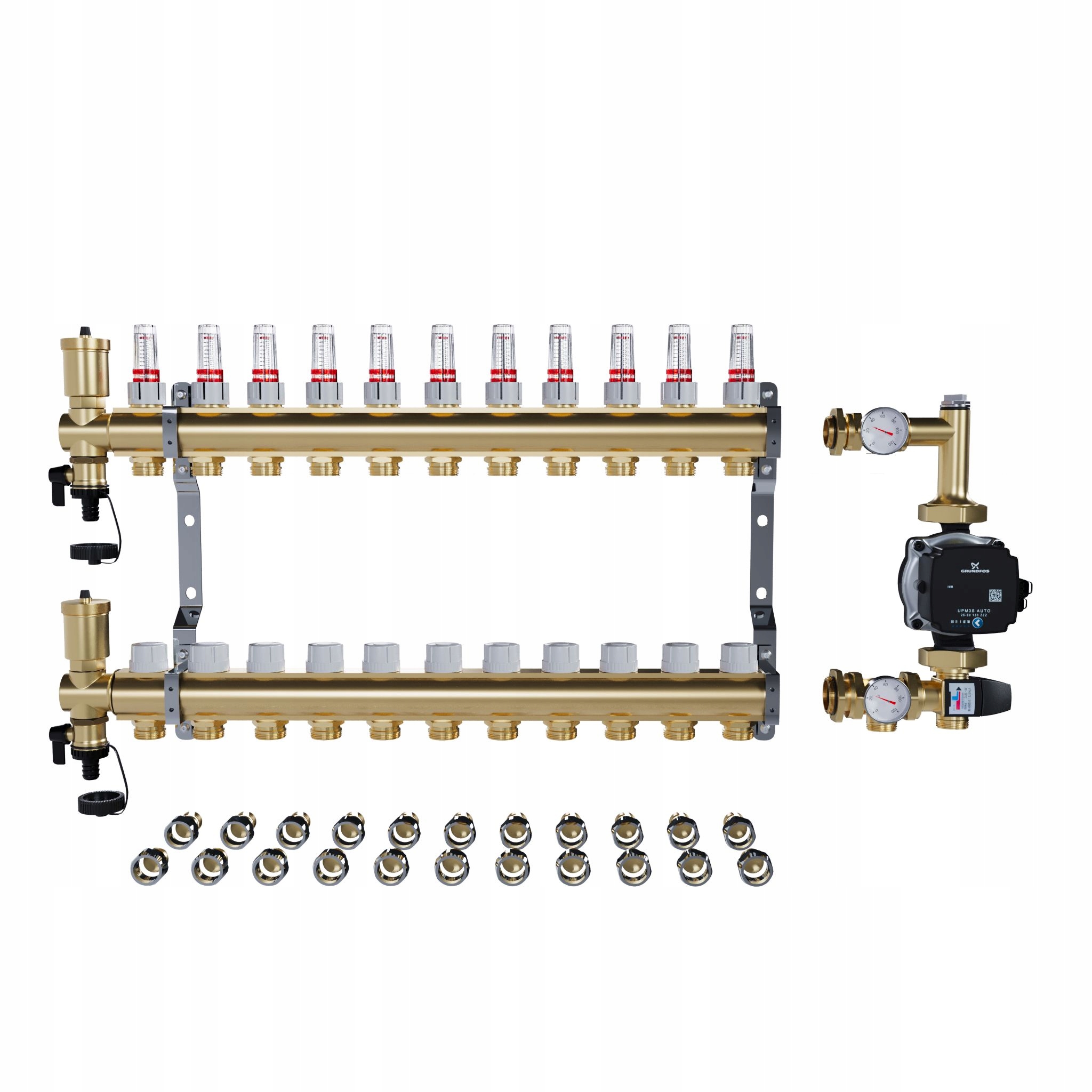 Rozdělovač pro podlahu 11 sekcí topení Spojky Pex+pompa Grundfos