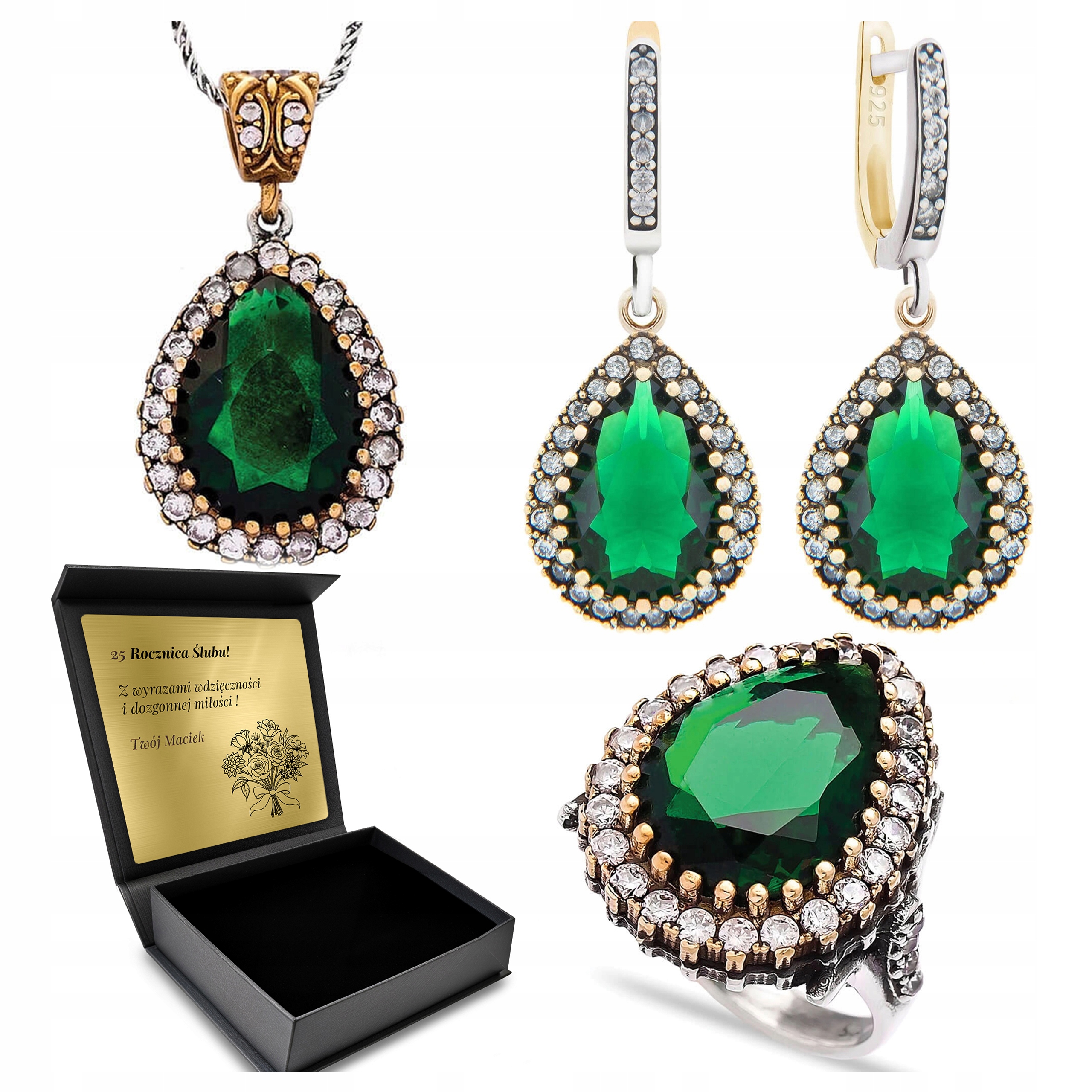 Set Stříbrných Šperků 925 Se Zirkony A Smaragdem Gravírování Bonus