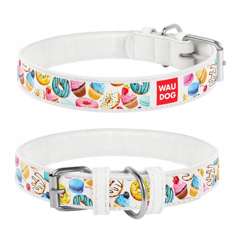 Levně Wau Dog Kožený Obojek S Adresářem Qr ``L`` 25mm8-49 Cm Bílý S Koblihami