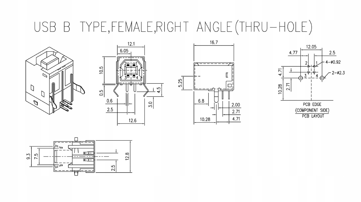 Gniazdo USB typu B do druku kątowe białe. Złącza gniazdo USB typ B