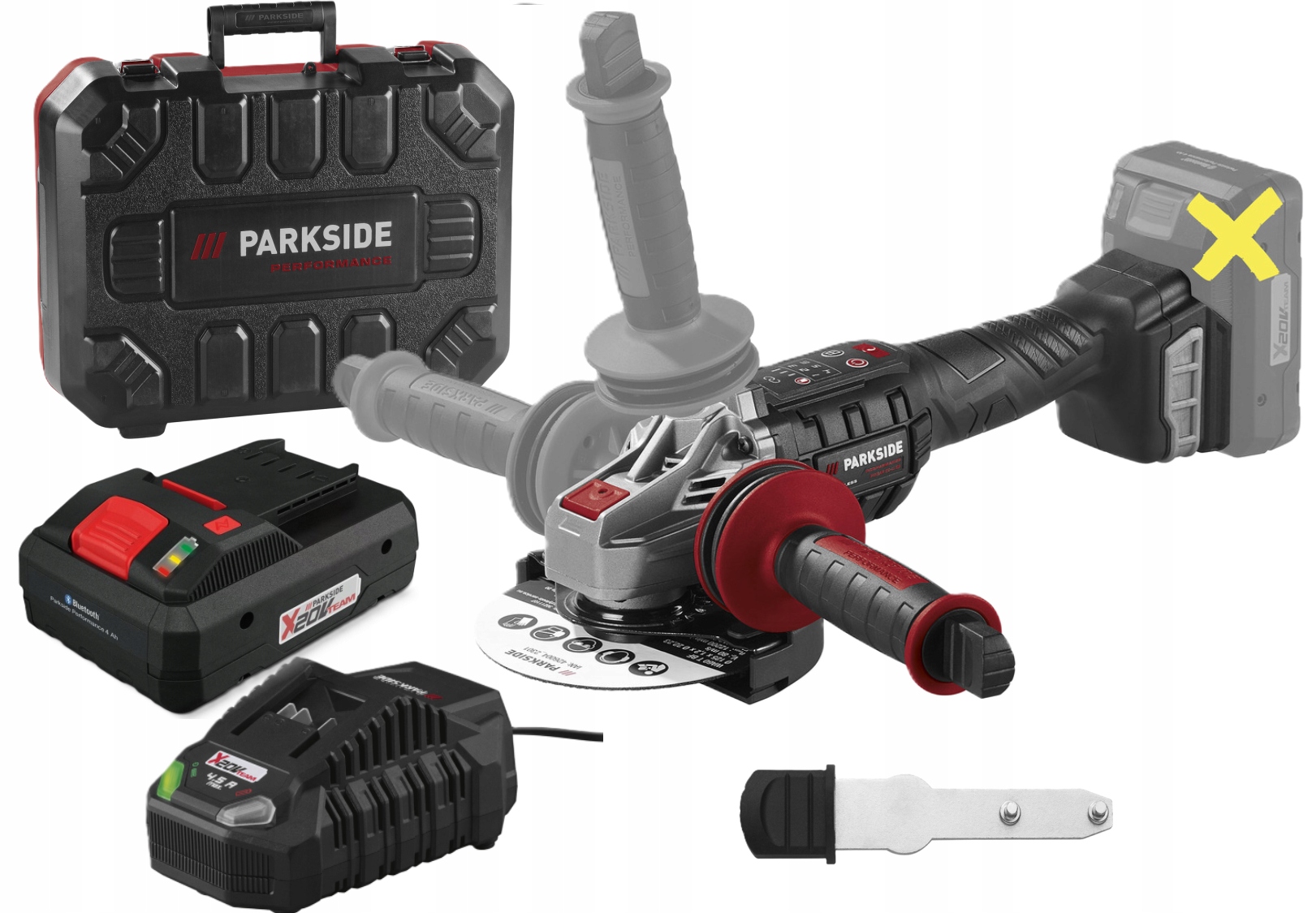 Szlifierka kątowa Parkside PWSAP 20-Li E6 20 V Aku 4Ah Szybka ładowarka