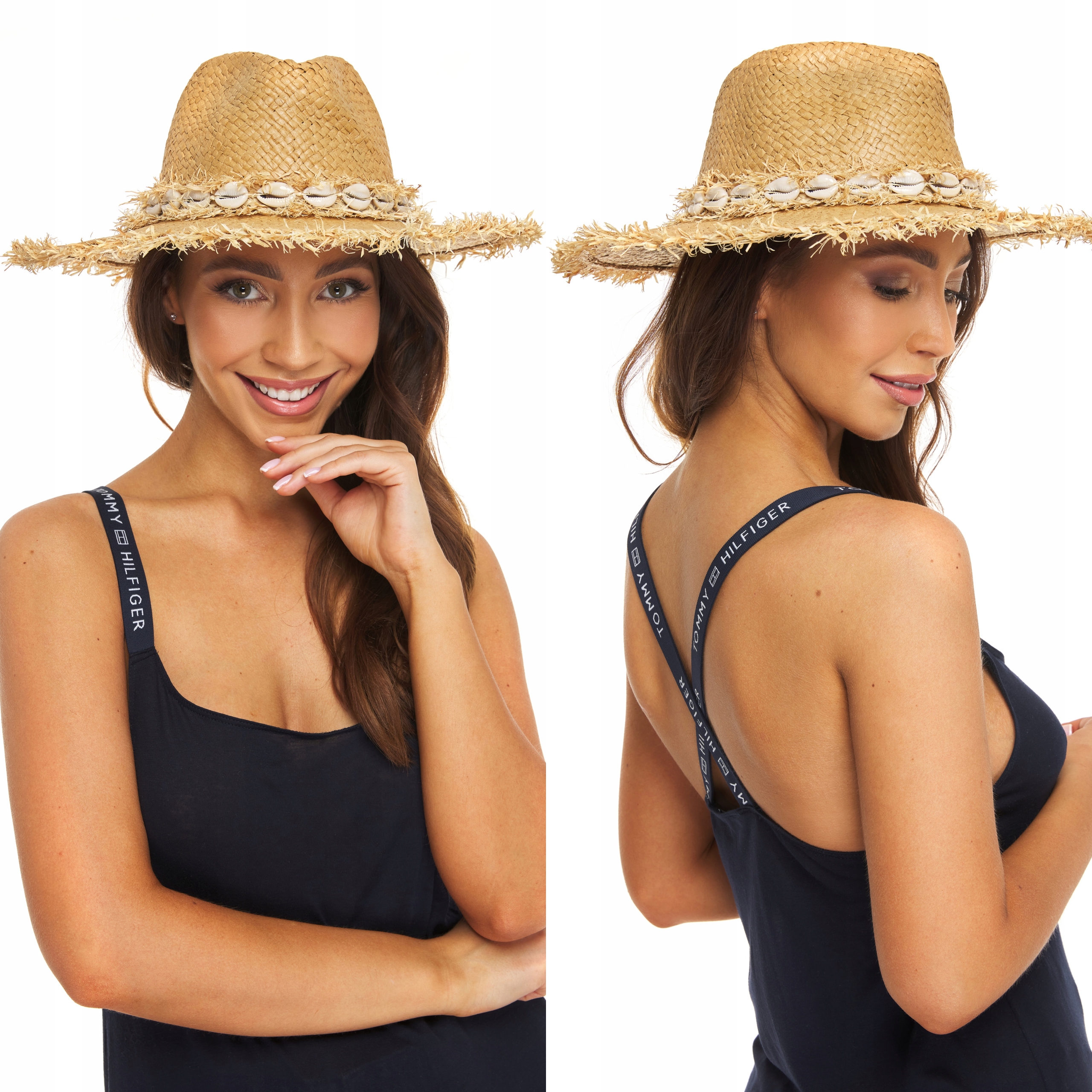 

Kapelusz Słomkowy Postrzępione Rondo muszelki beż