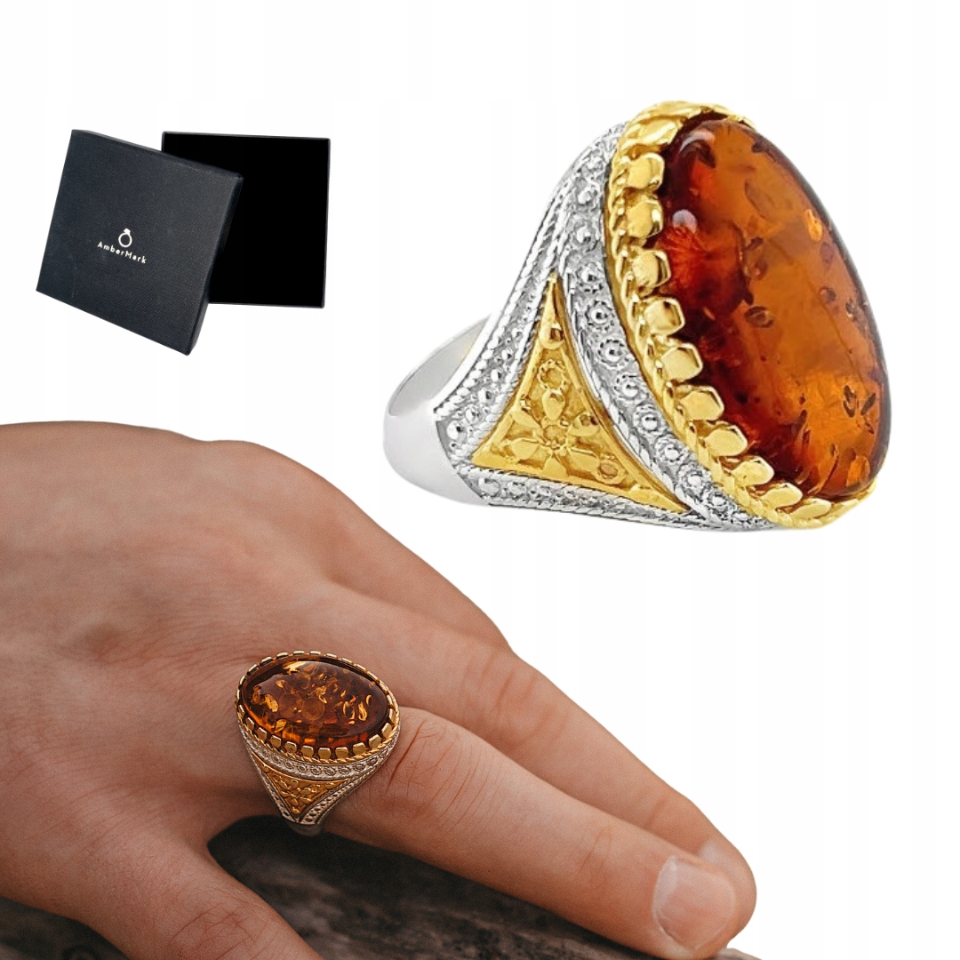 Sygnet Pánský Prsten S Jantarem Stříbro Pozlacený Velikost 26 Film