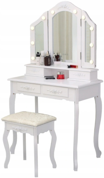 TOALETKA KOSMETYCZNA DO MAKIJAŻU PODŚWIETLANA LED 3 LUSTRA + Taboret