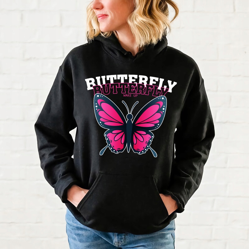 Černá mikina s kapucí Dámská Wake Up Butterfly Motivační vzory Vel L