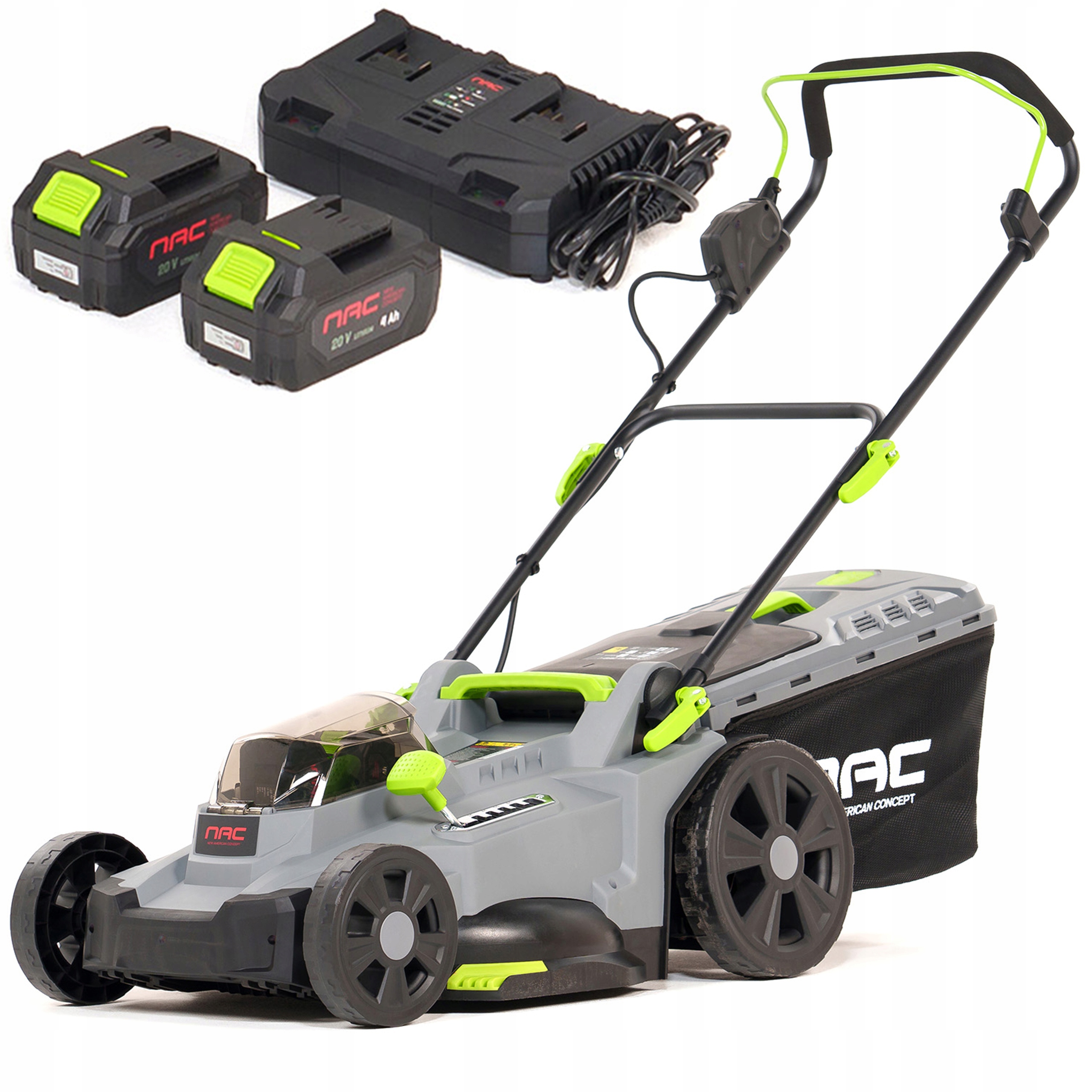 Kosiarka akumulatorowa 43cm Nac 40V kosz 50l bateria 20V 2x 4Ah ładowarka