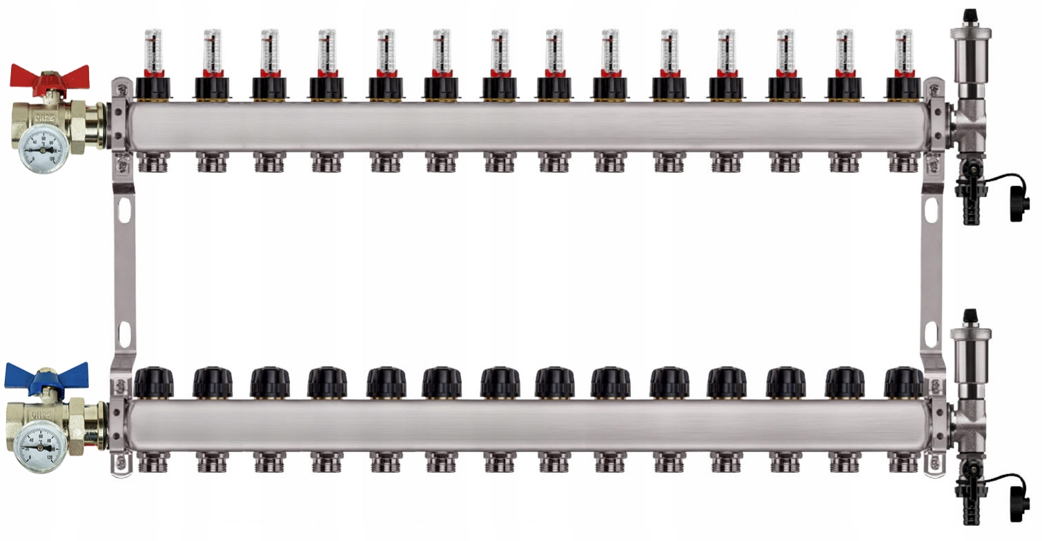 Rozdělovač Pro Podlahu 14 Nerezových Okruhů Jednoduchý Ventil Teploměr