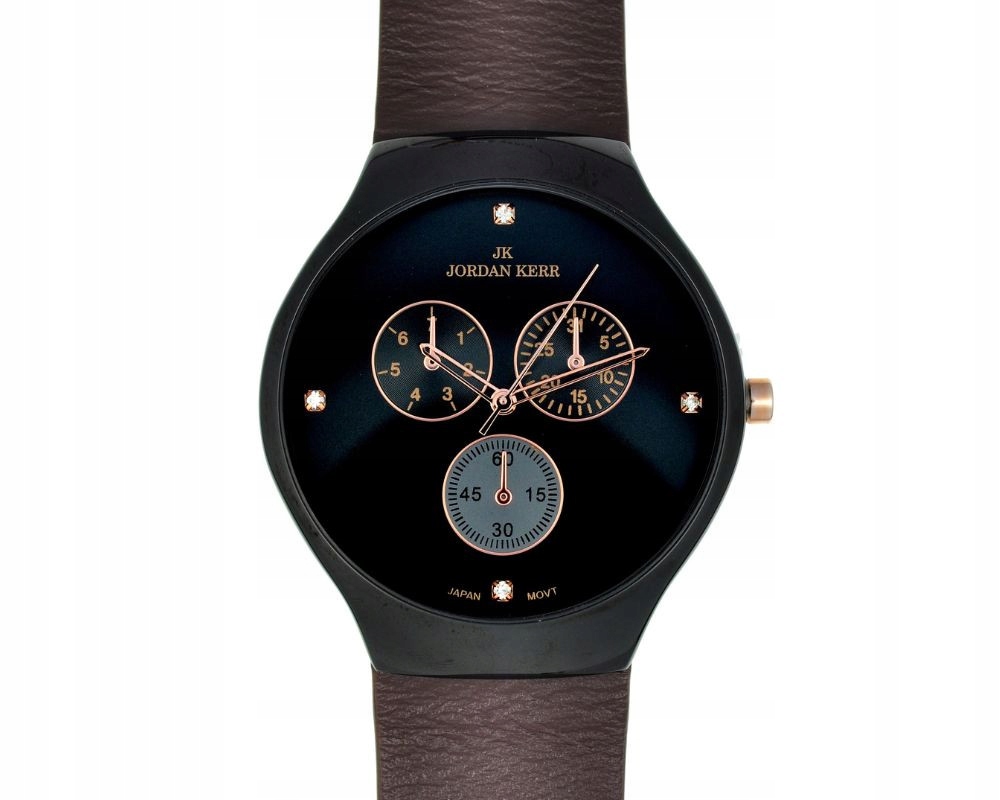 Pánské hodinky s černým ciferníkem a hnědým páskem zdobené zirkony