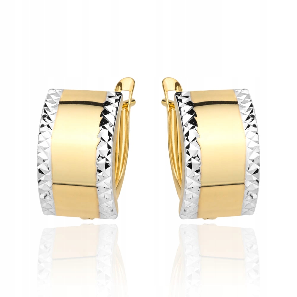 Zlaté 585 náušnice široké, diamantované na obou okrajích, dvě barvy zlata