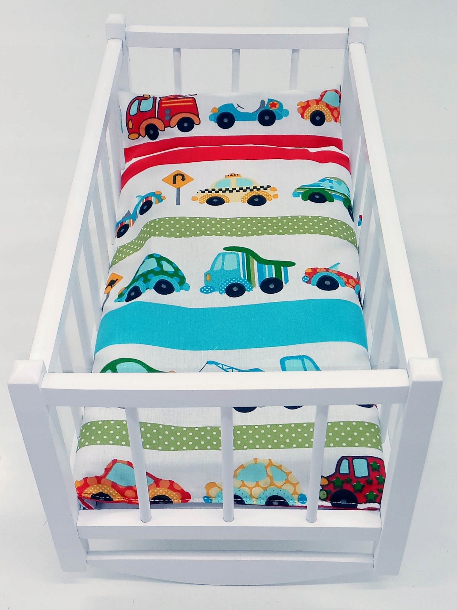 KOŁYSKA DLA LALEK BIAŁA DREWNIANA + POŚCIEL 3el