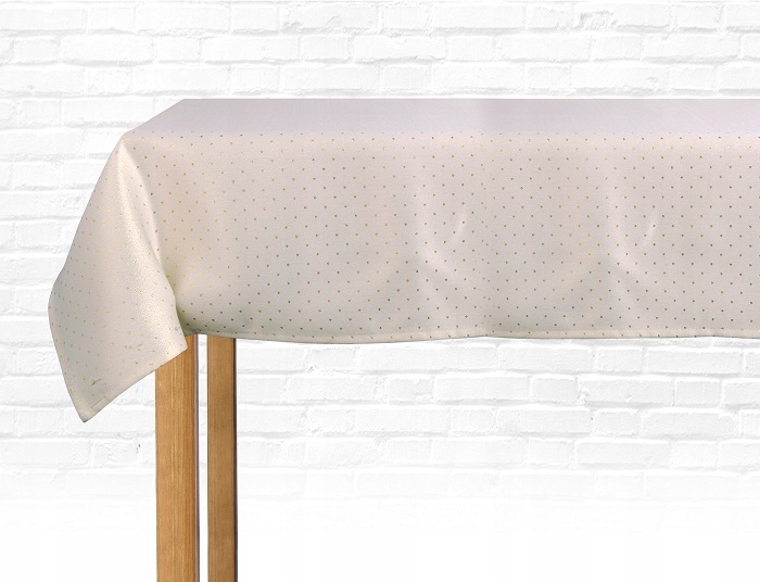 

Kremowy obrus 150x300 cm w złote kropki