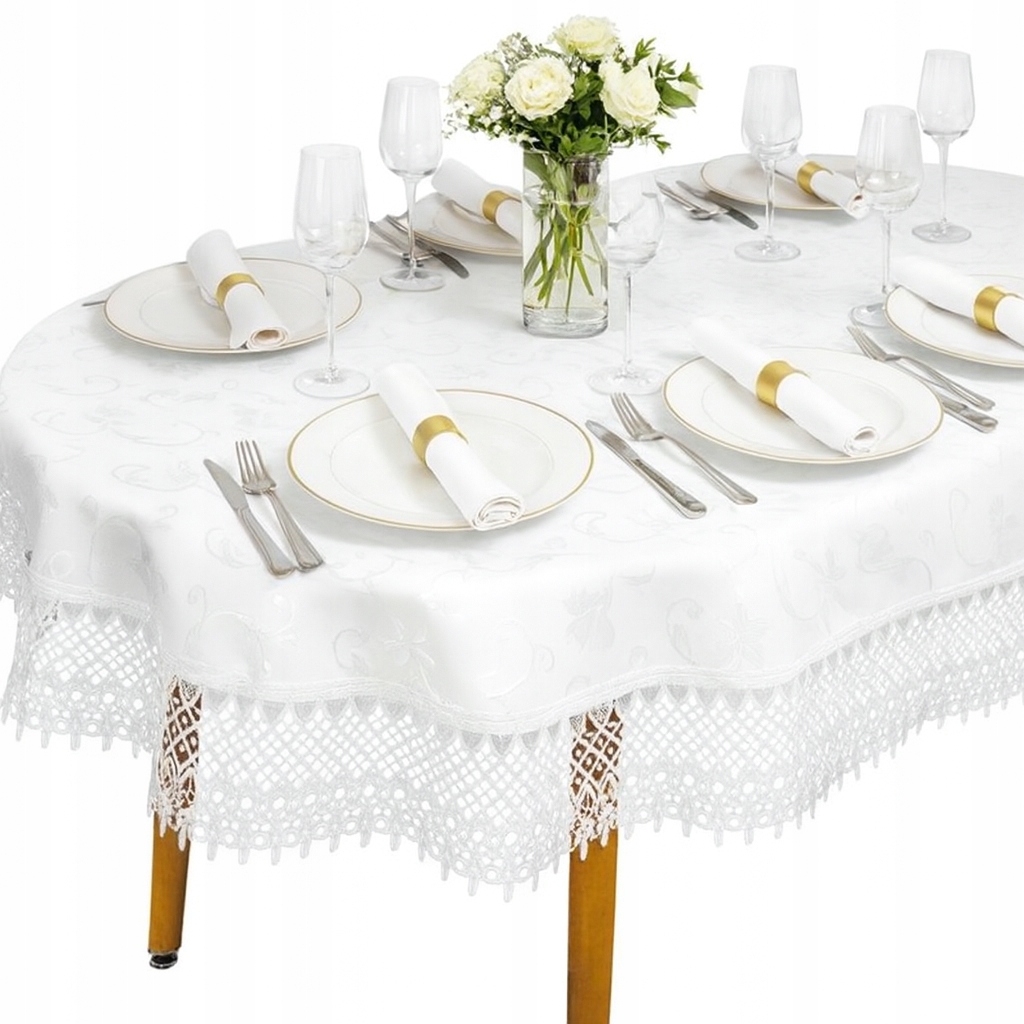 Ubrus na oválný stůl Bílý, krajkový, 140 x 200 cm, odolný vůči skvrnám