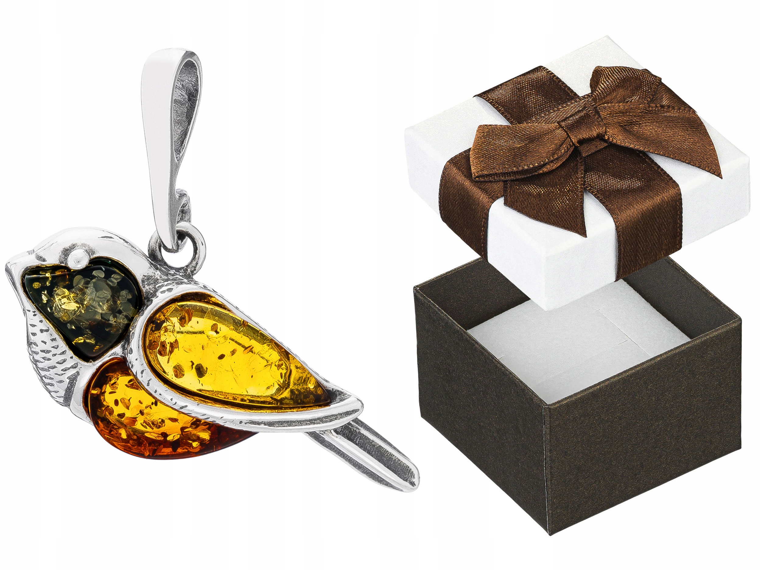 Stříbrný přívěsek Pták s jantarem Oxidovaný Barevný Přívěsek Vrabec 925