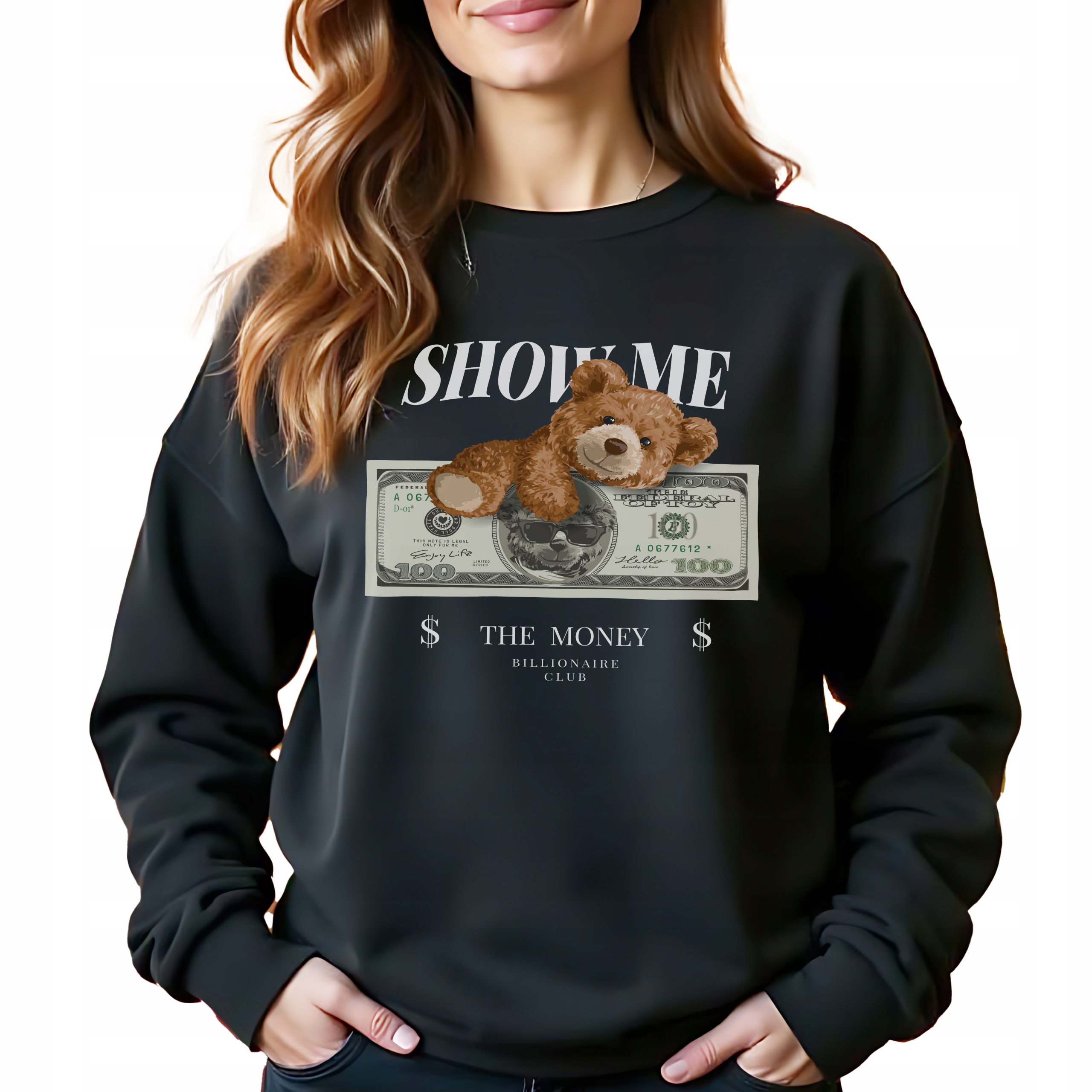 Show Me Money Černá bavlněná Mikina stylová Bez Kapuce jako Dárek XL