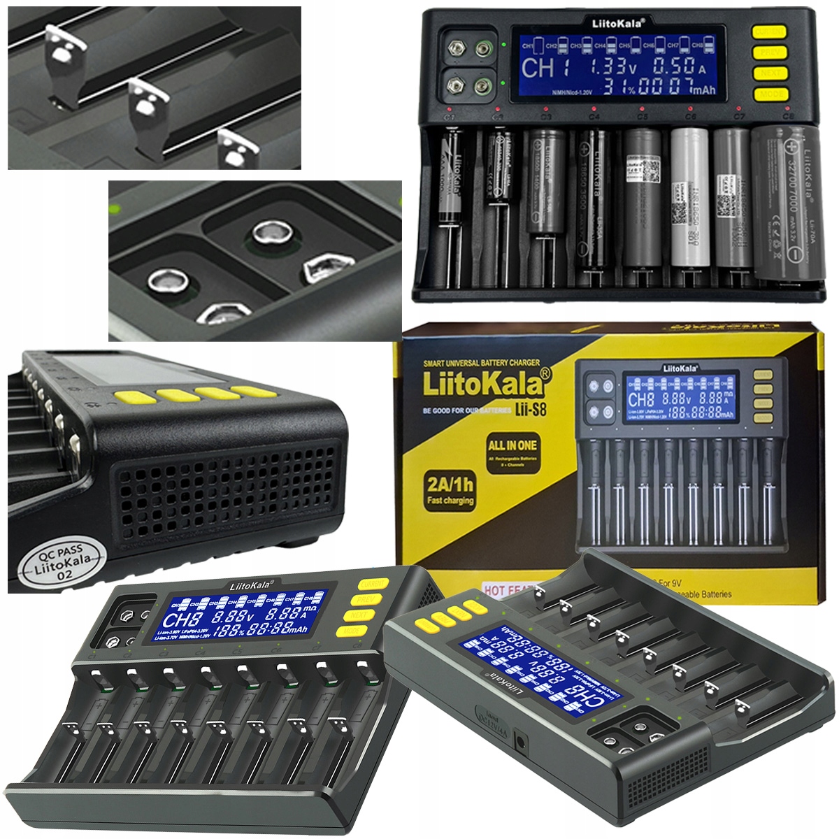 Liitokala LII-S8 Ładowarka 8 akumulatorków 2x 9V Aa Aaa DC 12V/4A LCD