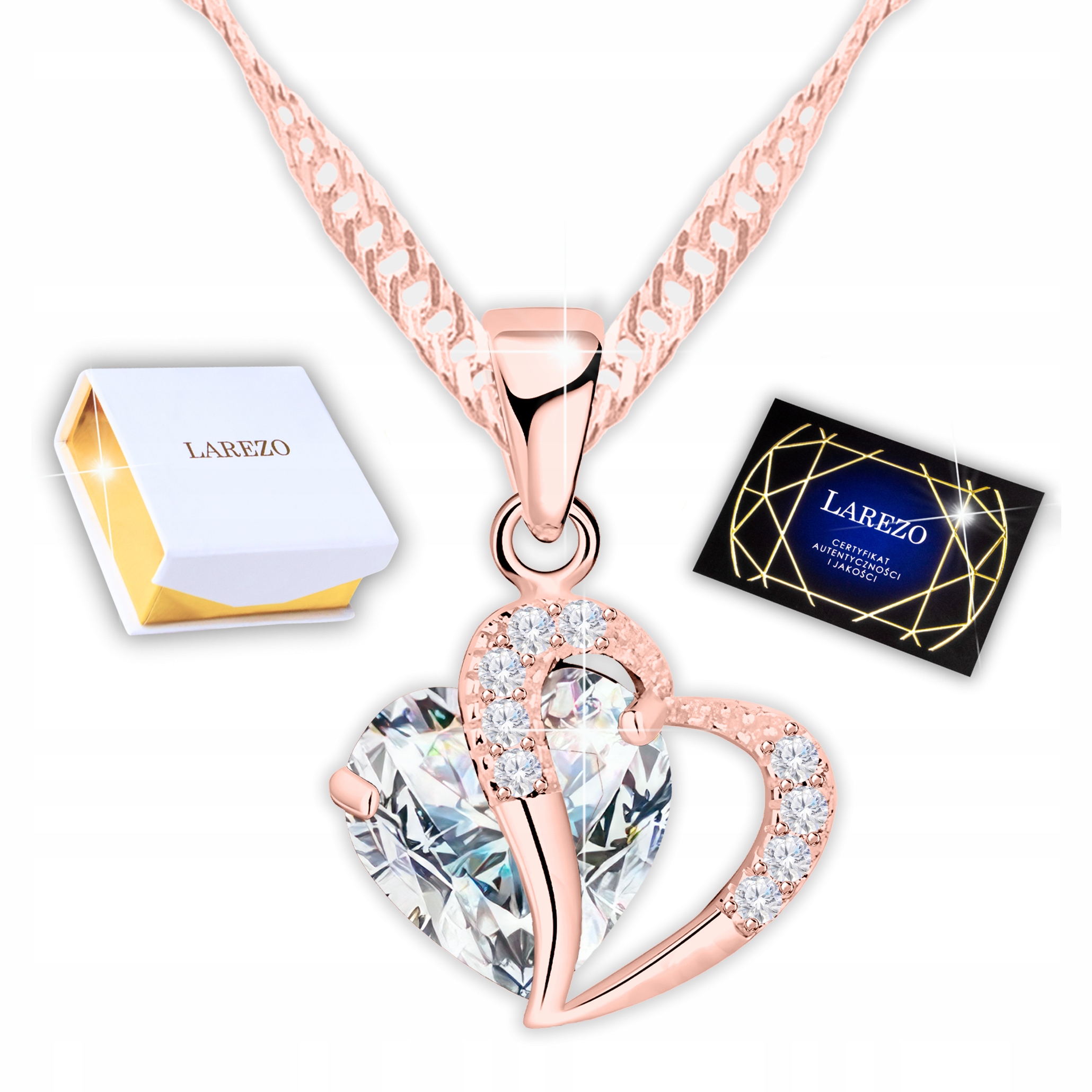 Náhrdelník Pozlacený 750 Dvě srdce Láska Bílé Velké Srdce Křišťál Stříbro 925