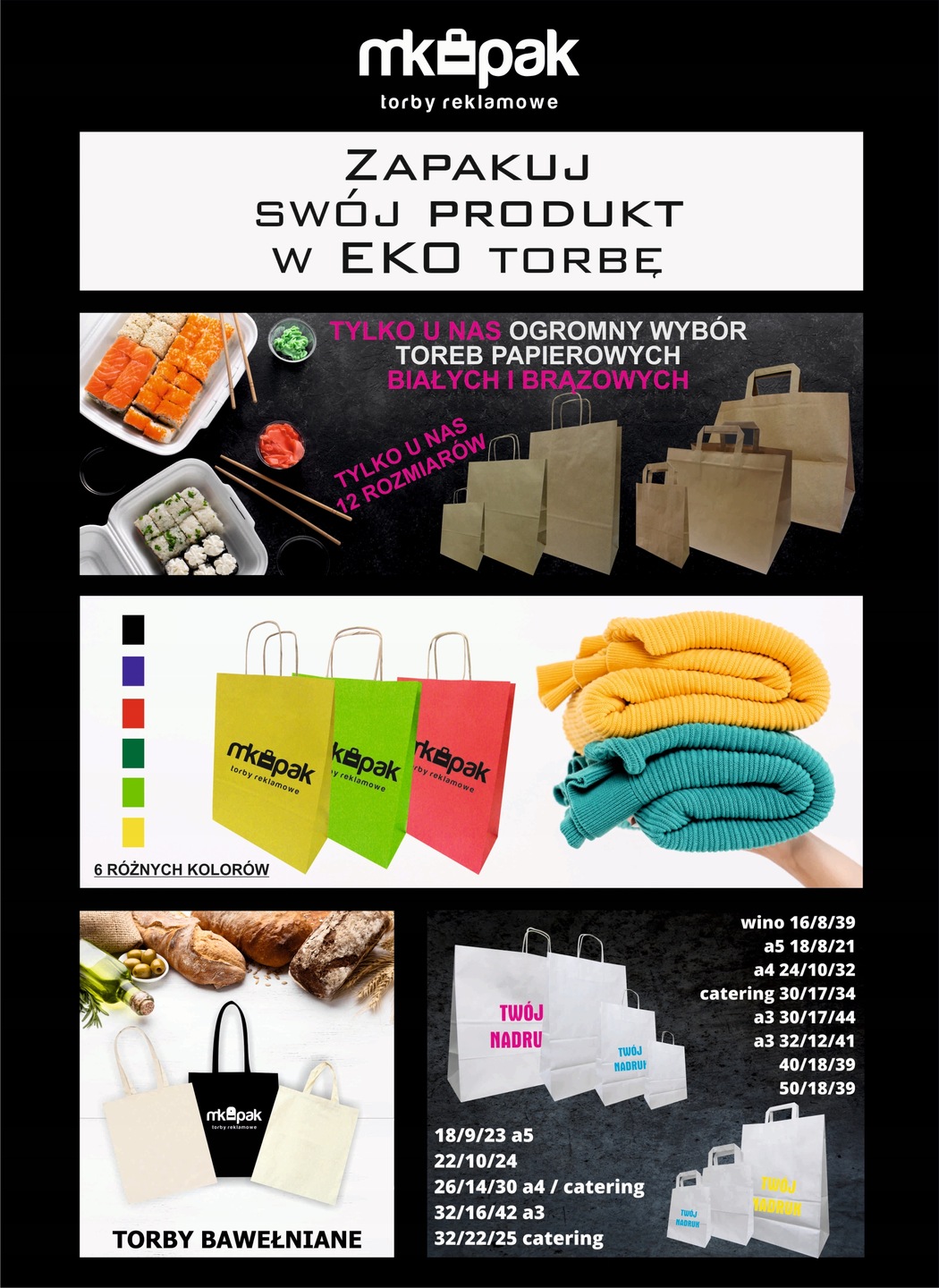 TORBA BAWEŁNIANA twój nadruk logo czarna 100 szt Materiał materiałowa