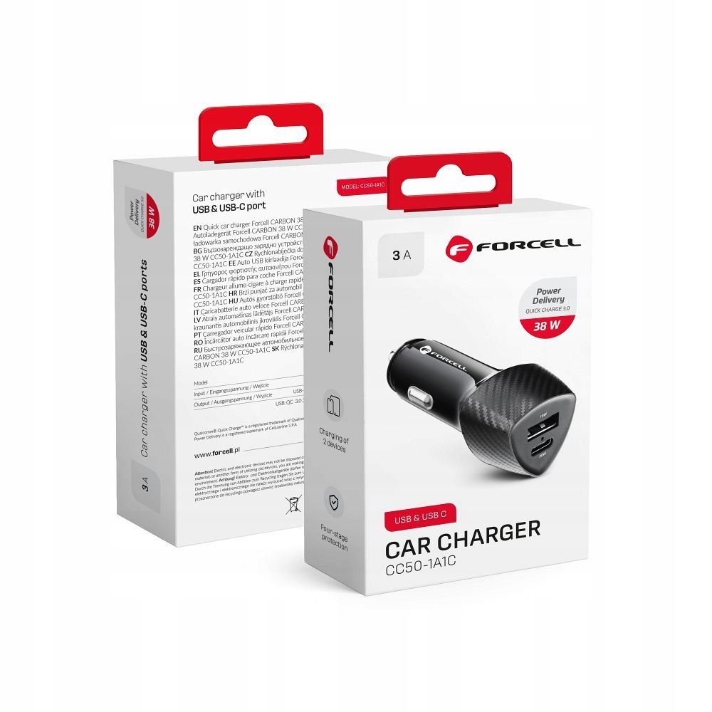 Ładowarka samochodowa Forcell F-Energy Carbon Usb C Usb A QC3.0 Pd 3A 38W