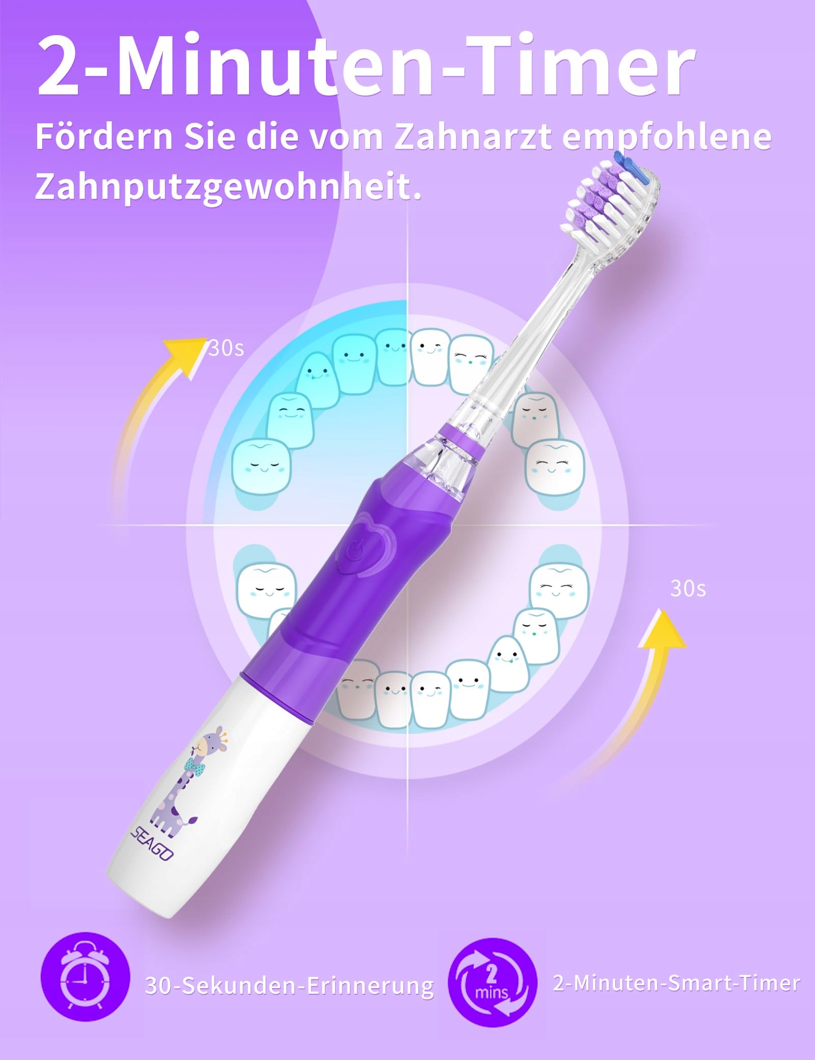 SEAGO Szczoteczka Soniczna Dla Dzieci 4 Tryby LED 4 Główki Fiolet — miniatura 5
