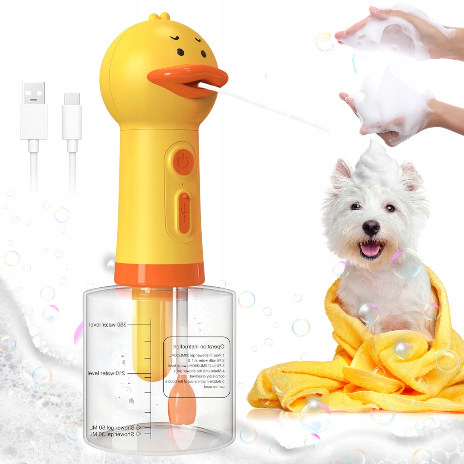 Levně Dávkovač Mýdla Pro Psa Duck Foam Machine Akumulátor 350ML 1200MAH Žlutý Usb