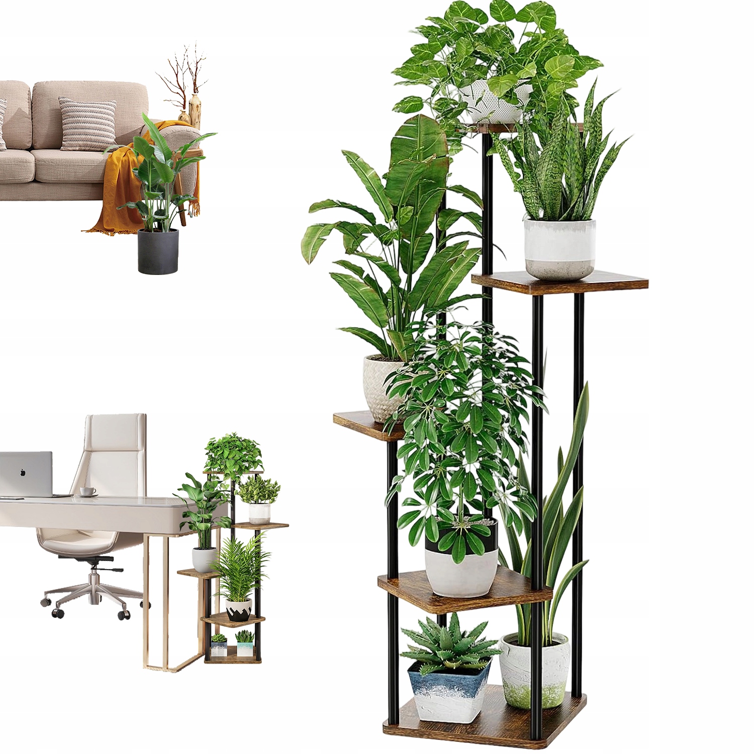 Regál Na Květiny 5 Úrovní Kov Dřevo Černý Styl Loft