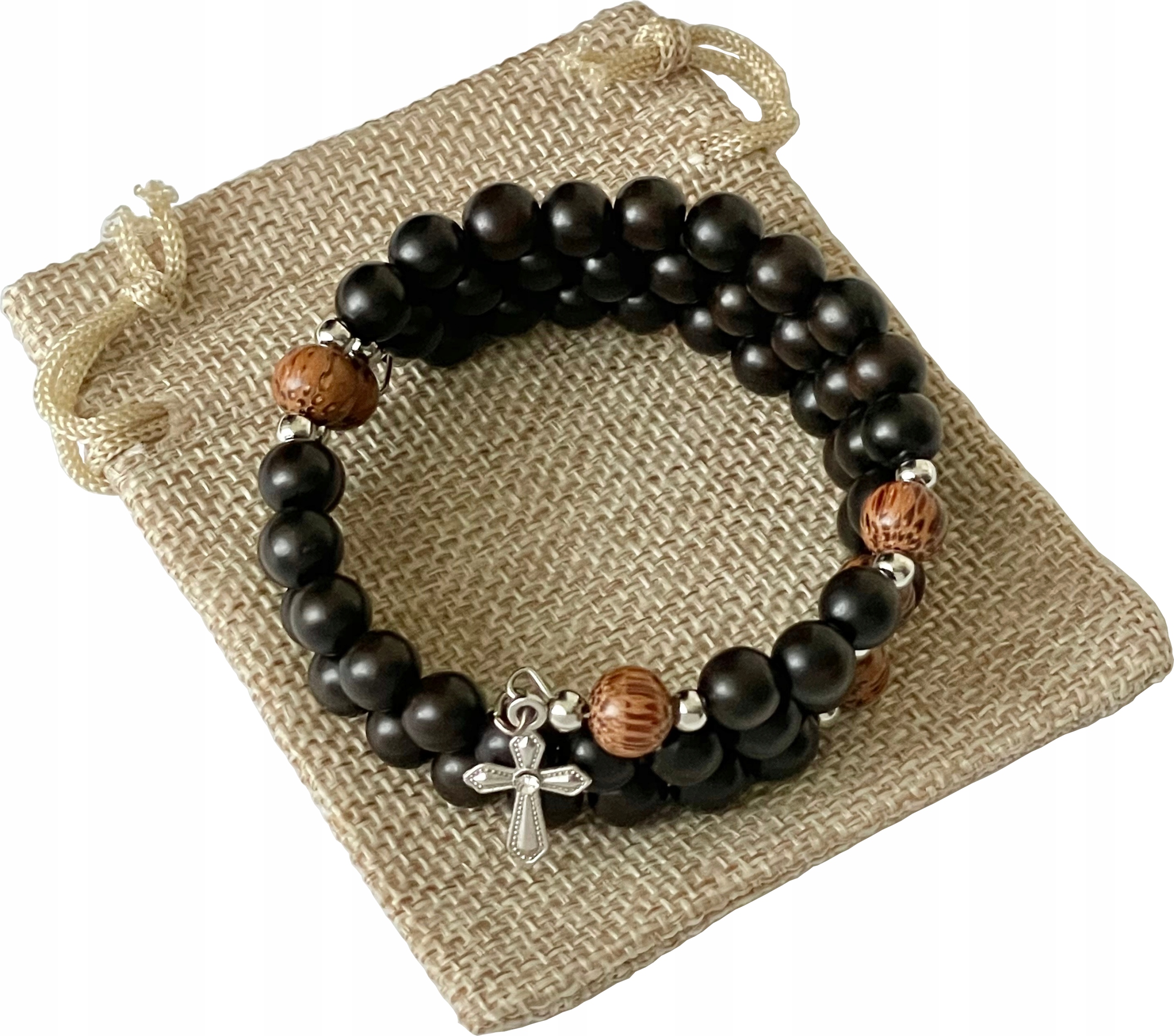 Růženec Dřevěný Náramek Eben Palmový Strom Kříž