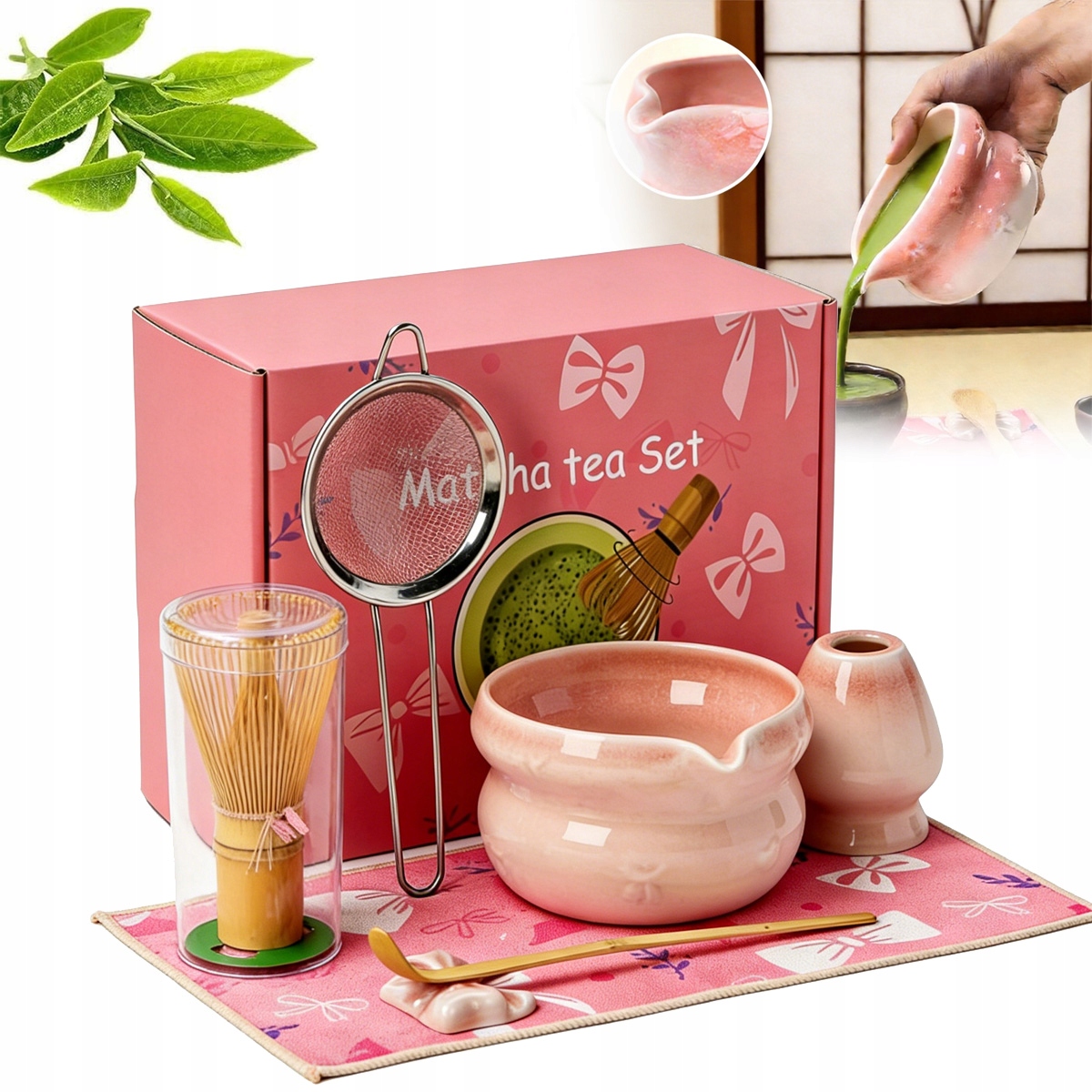 Levně Keramický Komplet Na Matcha Růžový S Bambusovými Doplňky