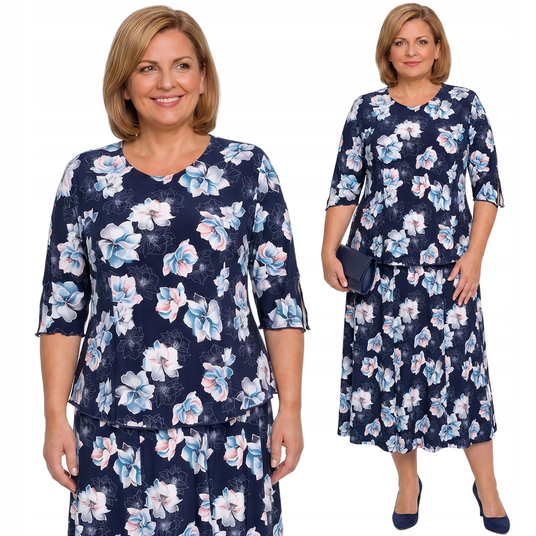 Tmavě modrý komplet s modro-růžovými květy plus size velikost 52/54