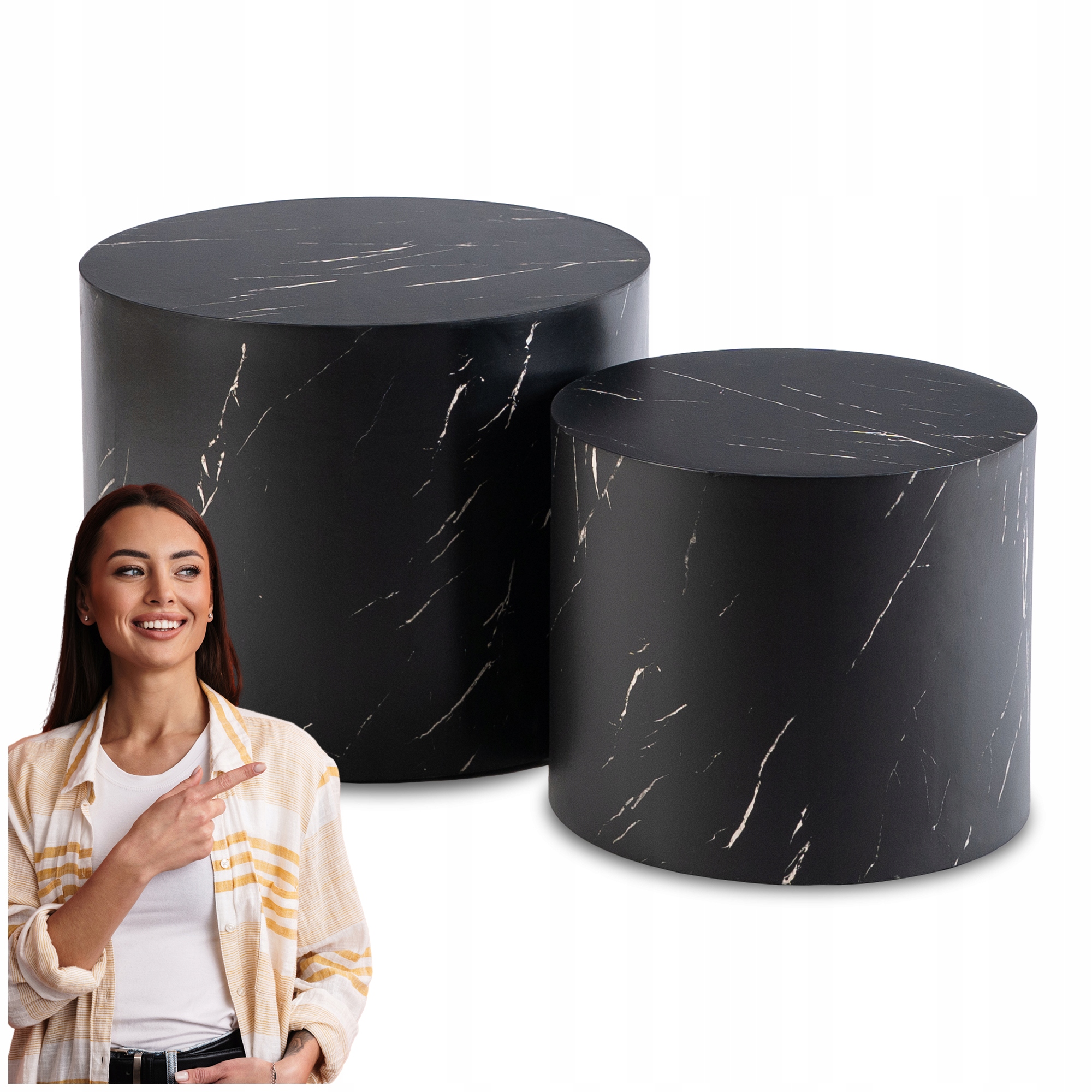 Kulaté konferenční stolky do obývacího pokoje Sada lavic Černý mramor 2v1 Leila