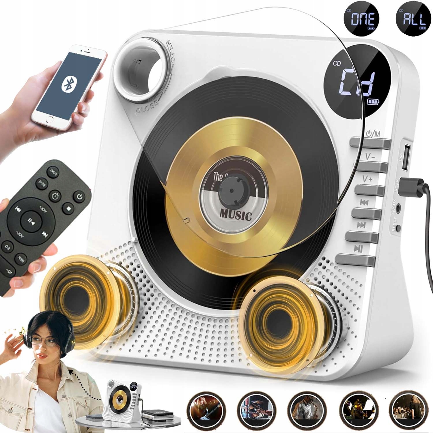 Přenosný Přehrávač CD Reproduktor Bluetooth Rádio Aux Usb Fm Bílý MP3 S LCD