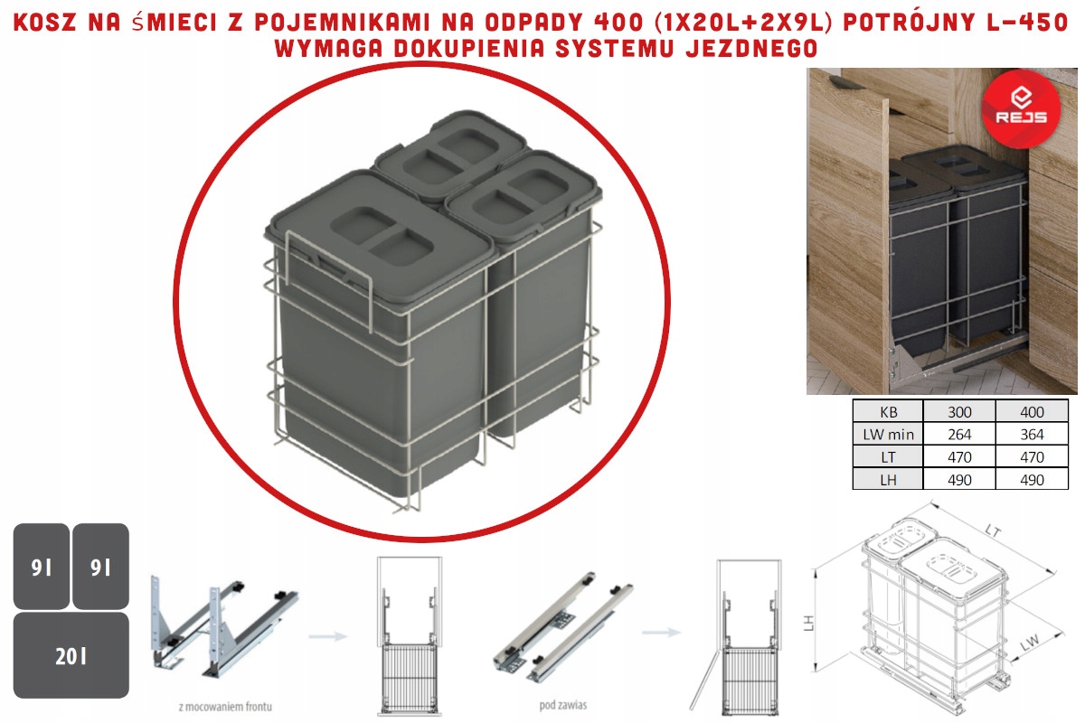 Rejs Kôš na odpadky s nádobami na odpadky 400 (1x20L+2x9L) dvojitý